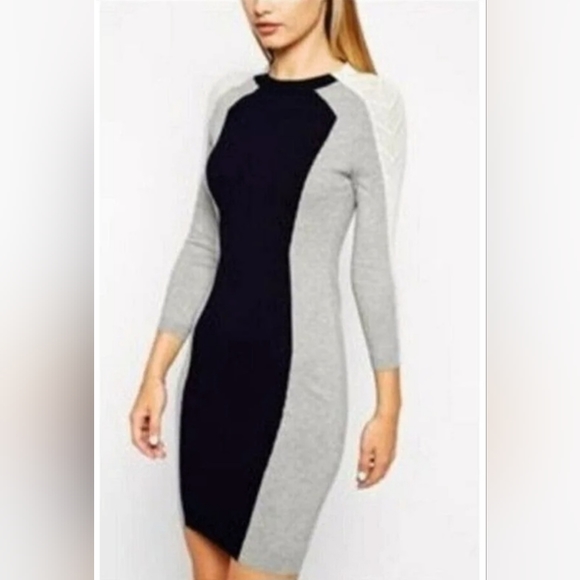Karen Millen Women's Sweater Dress US 2 Black White Bodycon Colorblock Striping - Picture 1 of 3